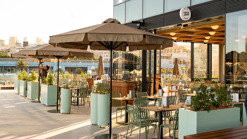 Touch Wood’s sunny outdoor terrace and entrance at the new Sydney Fish Market.